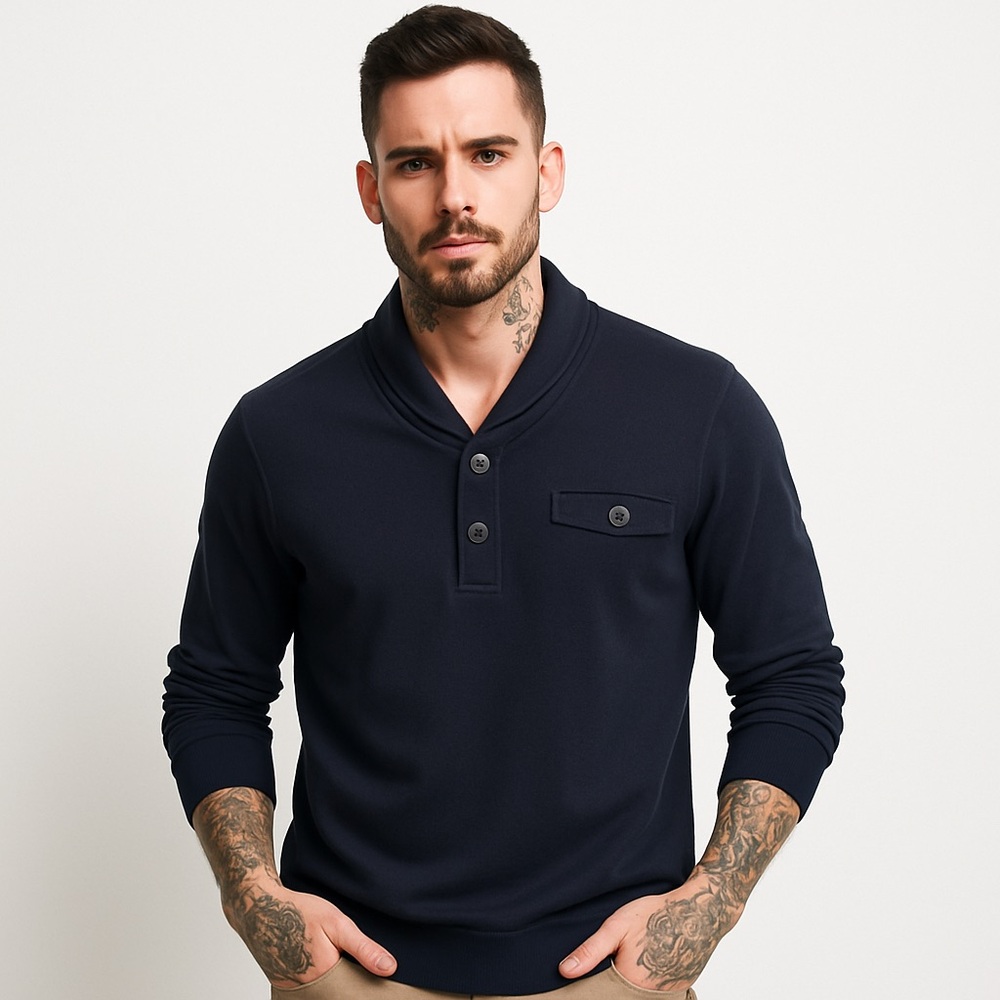 Thomas Parker men’s navy knit shawl collar pullover soft long sleeve top Medium